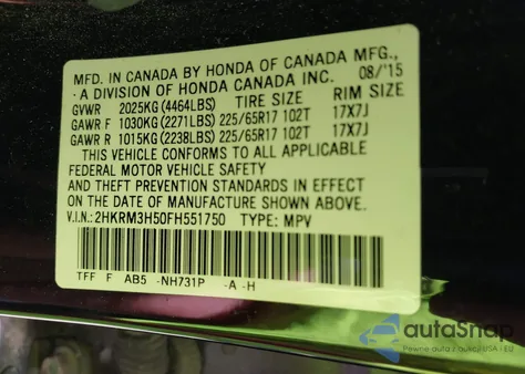 2015 Honda Cr-V Ex из США, поврежденный, VIN 2HKRM3H50FH551750